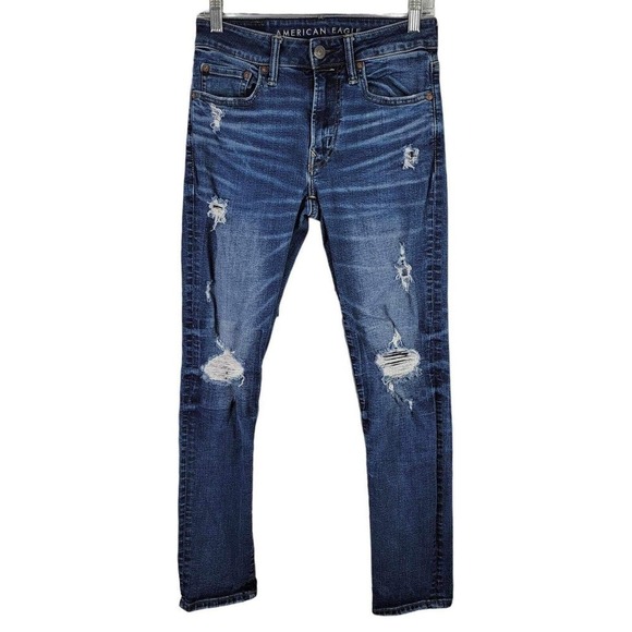 American Eagle AE Jeans Mens Slim Next Level Airflex Blue 28X30 Skate Distressed - Picture 2 of 12